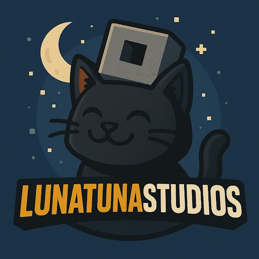 Lunatuna Studios logo featuring a smiling black cat wearing a Roblox hat
