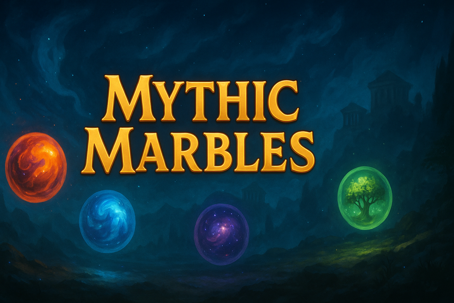 Mythic Marbles key art showing enchanted marbles spiraling around a crystal gateway